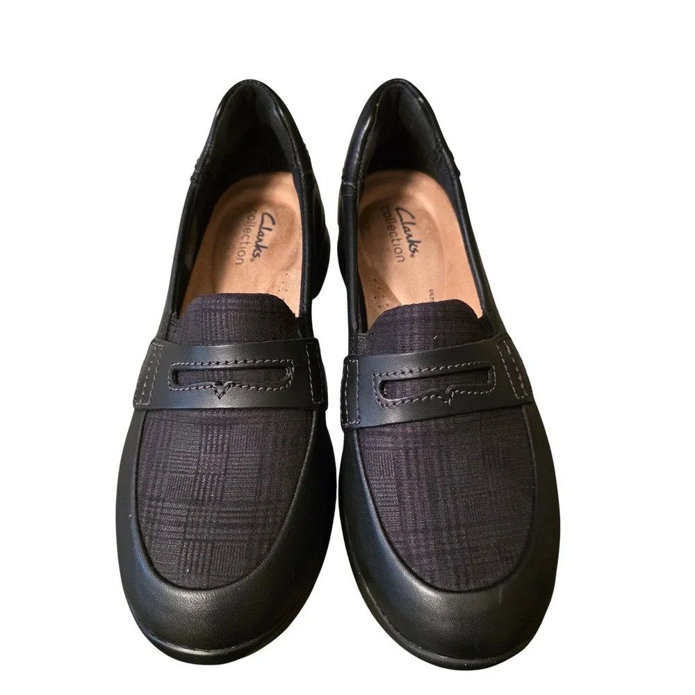 Clarks Ellowyn Penny Black Leather Plaid Wedge Loafers Womens 8 M 26180090